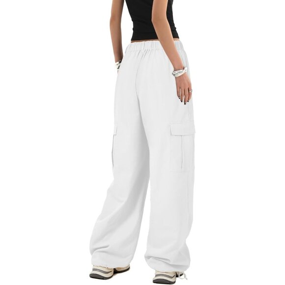 Women's Stretchy Baggy Parachute Pants - High Waist White Joggers with Pockets - Picture 4 of 6
